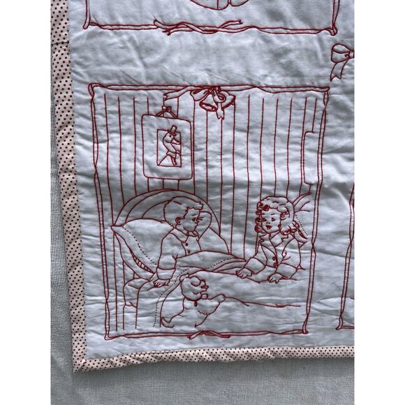 Kids Santa Christmas Throw Wall Hanging Red Work Embroidery Retro 1920s Style - Picture 4 of 10